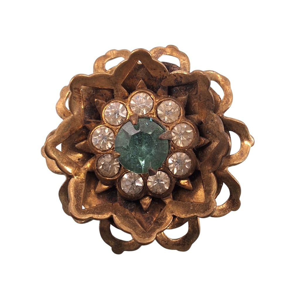 Vintage Antique Gold Tone Layered Flower Rhinestone Brooch Pin